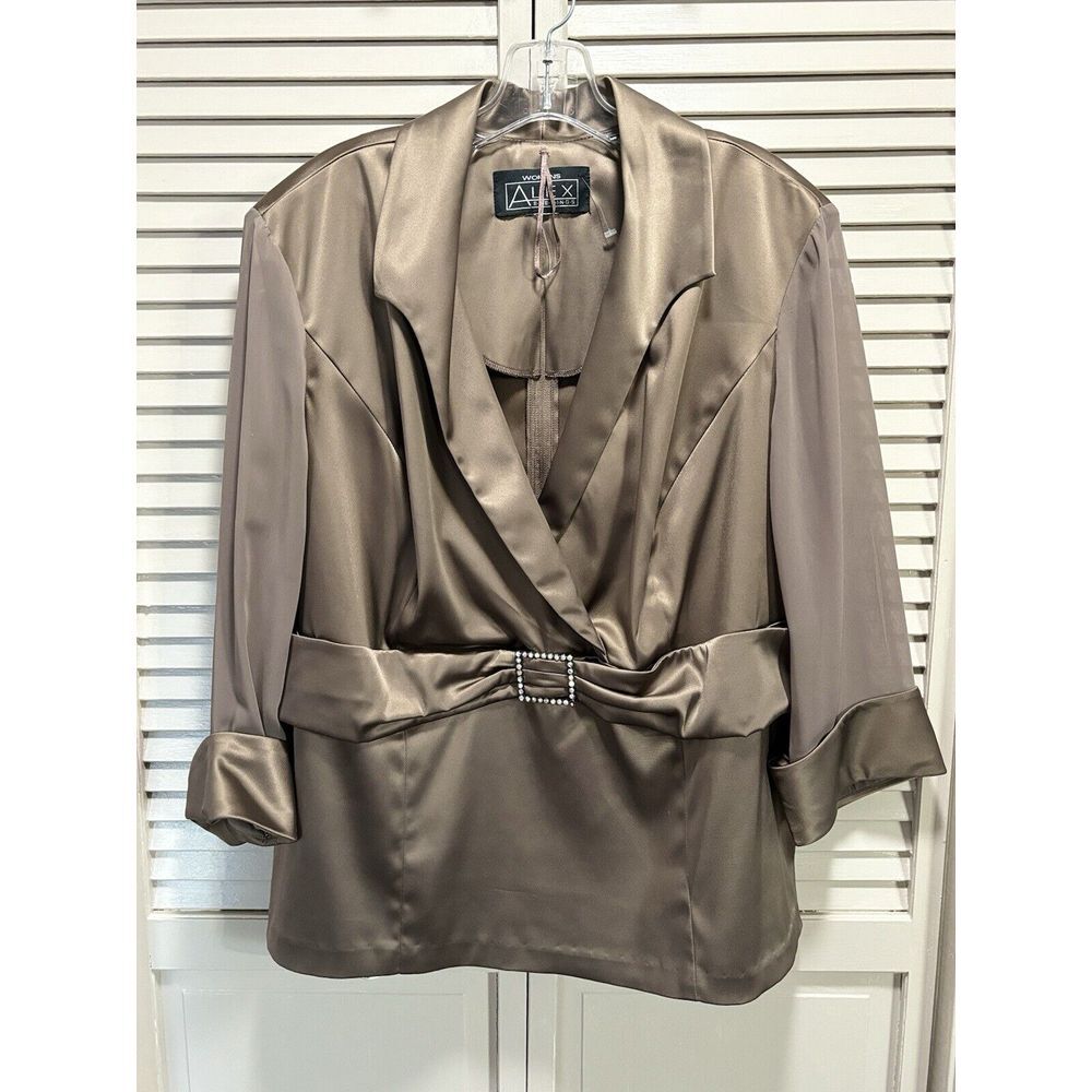Alex Evenings Satin/Chiffon Wrap Top/Jacket 3/4 Cuff Sheer Sleeve Bronze‎ Zip XL